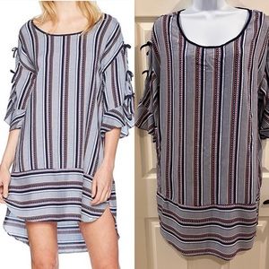 Kensie Striped and Polka Dot Blue Tunic With Ribbons / Fluted Sleeves Large